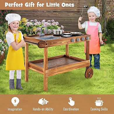 Costway Wooden Mud Play Kitchen Cart with Sink & Stoves