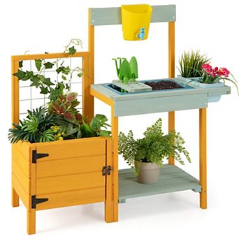 Costway Wooden Potting Bench with Planter Box Garden Trellis