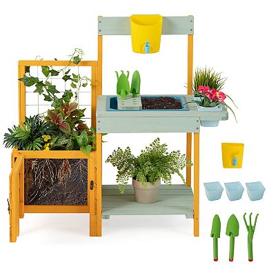 Costway Wooden Potting Bench with Planter Box Garden Trellis