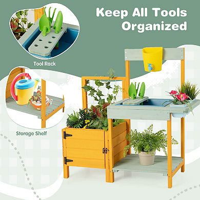 Costway Wooden Potting Bench with Planter Box Garden Trellis