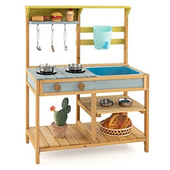 Costway Wooden Outdoor Kid's Mud Kitchen with Faucet & Water Box