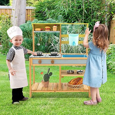 Costway Wooden Outdoor Kid's Mud Kitchen with Faucet & Water Box