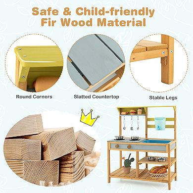 Costway Wooden Outdoor Kid's Mud Kitchen with Faucet & Water Box