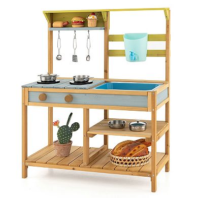 Costway Wooden Outdoor Kid's Mud Kitchen with Faucet & Water Box