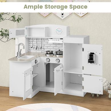 Costway Kid's Corner Kitchen Playset Wooden Chef with Sink and Stove