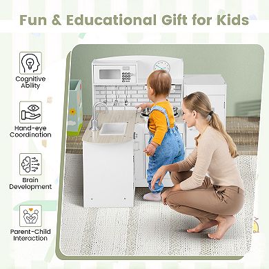 Costway Kid's Corner Kitchen Playset Wooden Chef with Sink and Stove