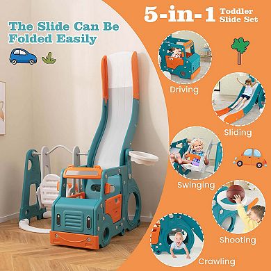 Costway 5-in-1 Toddler Slide, Swing and Basketball Hoop Set