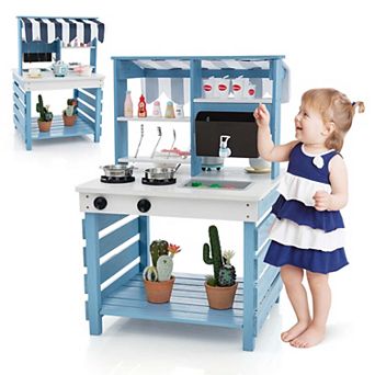Costway 2-in-1 Wooden Play Kitchen and Grocery Stand