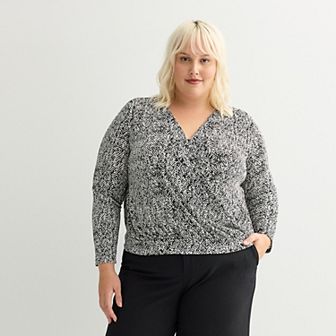 Plus Size Nine West Long Sleeve Drape Wrap Top