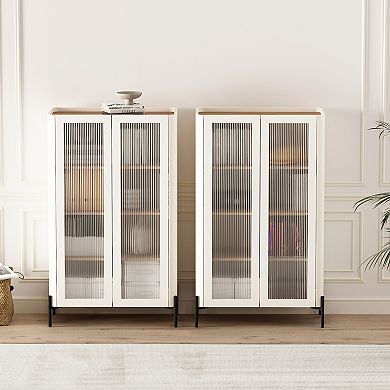MANHATTAN COMFORT Abbey Modern Decor Ribbed Tempered Glass Cabinet 2-Piece Set