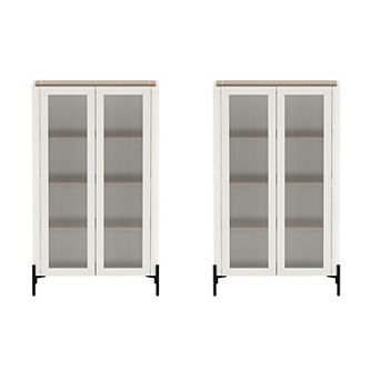 MANHATTAN COMFORT Abbey Modern Decor Ribbed Tempered Glass Cabinet 2 pc Set