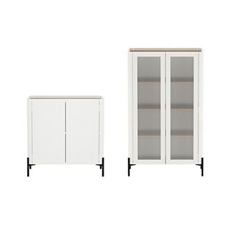 MANHATTAN COMFORT Abbey Modern Accent Cabinet & Ribbed Tempered Glass Cabinet 2 pc Set