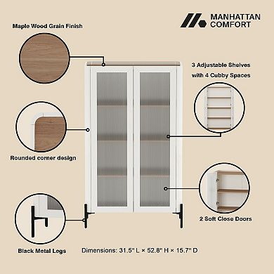 MANHATTAN COMFORT Abbey Modern Decor Adjustable Shelves Ribbed Tempered Glass Cabinet
