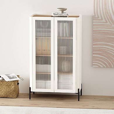 MANHATTAN COMFORT Abbey Modern Decor Adjustable Shelves Ribbed Tempered Glass Cabinet
