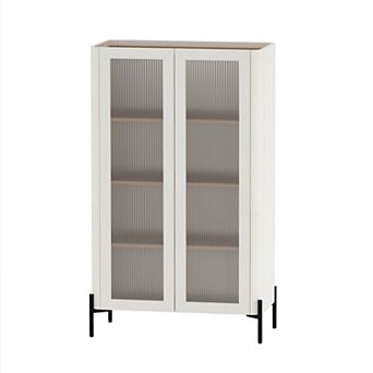 MANHATTAN COMFORT Abbey Modern Decor Adjustable Shelves Ribbed Tempered Glass Cabinet