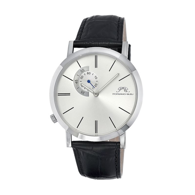 Porsamo Bleu Parker Men's Stainless Steel Leather Watch, Size: 42MM, Silver Tone Black