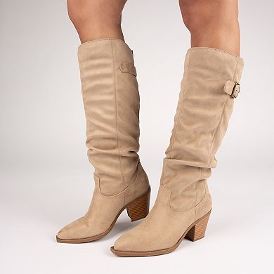 Journee Kaleah Women's Comfort Slouchy Knee-High Pointed Toe Buckle Detail Boots
