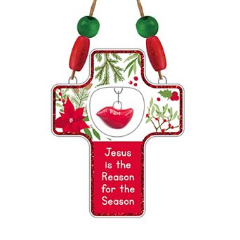Jesus Is the Reason for the Season with Cardinal and Wood Embellishments Sentiment Ceramic Ornament
