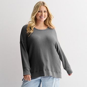 Juniors' Plus Size SO® Oversized Waffle Scoop Neck Top