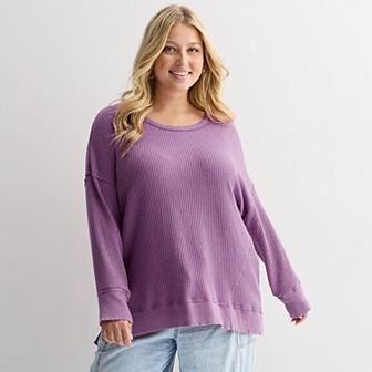 Juniors' Plus Size SO® Oversized Waffle Scoop Neck Top