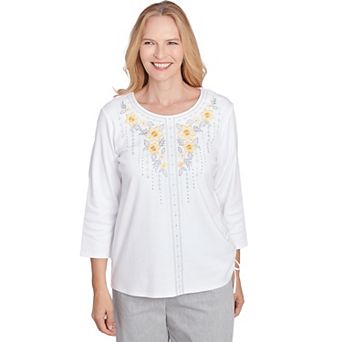 Women's Alfred Dunner Linear Knit Floral Embroidered Crewneck Top