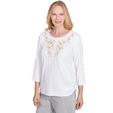 Women's Alfred Dunner Linear Knit Floral Embroidered Crewneck Top
