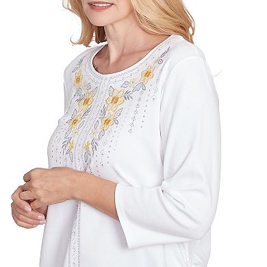 Women's Alfred Dunner Linear Knit Floral Embroidered Crewneck Top
