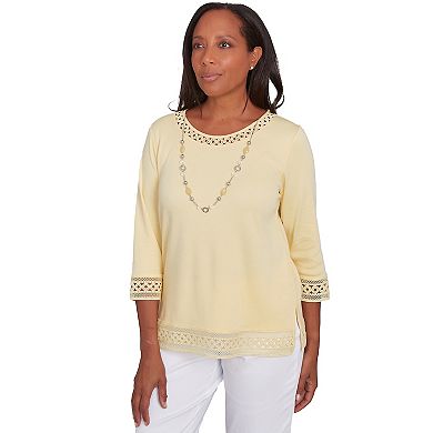 Women's Alfred Dunner Solid Lace Trim Top with Necklace