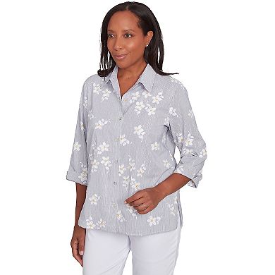 Women's Alfred Dunner Flower Embroidered Button-Down Striped Top