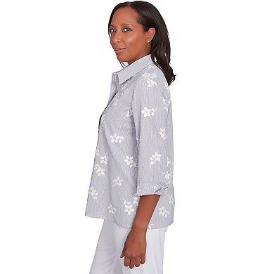 Women's Alfred Dunner Flower Embroidered Button-Down Striped Top