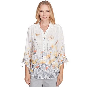 Women's Alfred Dunner Button Down Butterfly Floral Top with Necklace