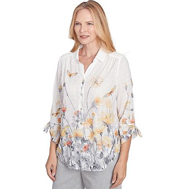 Women's Alfred Dunner Button Down Butterfly Floral Top with Necklace