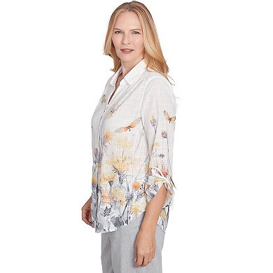 Women's Alfred Dunner Button Down Butterfly Floral Top with Necklace