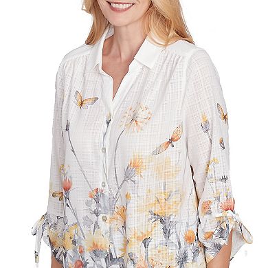 Women's Alfred Dunner Button Down Butterfly Floral Top with Necklace
