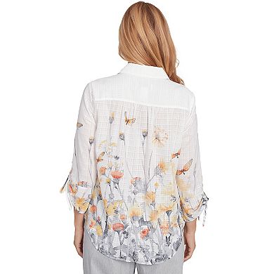 Women's Alfred Dunner Button Down Butterfly Floral Top with Necklace