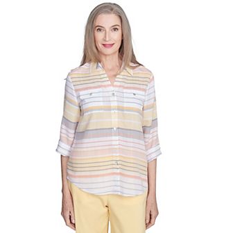 Women's Alfred Dunner Striped Cuffed-Sleeve Button-Down Top