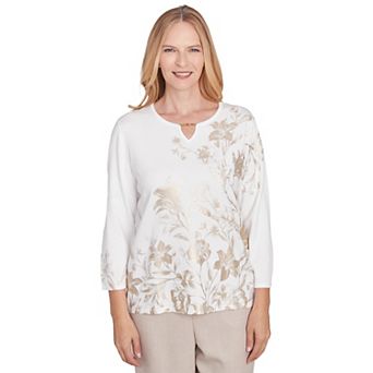 Women's Alfred Dunner Splitneck Botanical Gold Foil Print Sweater