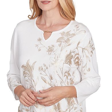 Women's Alfred Dunner Splitneck Botanical Gold Foil Print Sweater