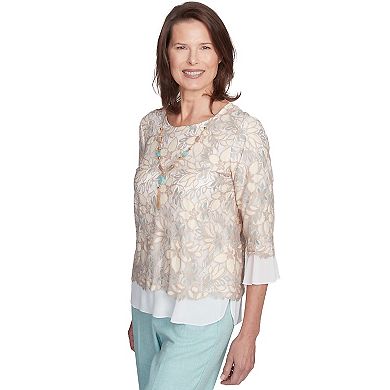 Women's Alfred Dunner Floral Lace Woven Trim Top with Necklace