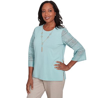 Women's Alfred Dunner Solid Lace Sleeve Knit Top with Necklace