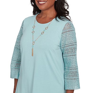 Women's Alfred Dunner Solid Lace Sleeve Knit Top with Necklace