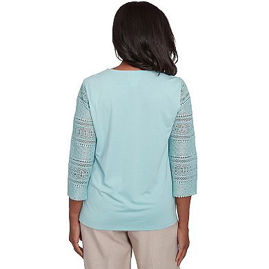 Women's Alfred Dunner Solid Lace Sleeve Knit Top with Necklace