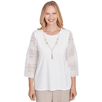 Women's Alfred Dunner Solid Lace Sleeve Knit Top with Necklace