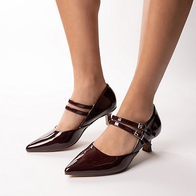 Journee Carnation Medium and Wide Width Women's Kitten Heel Mary Jane Pointed Toe Buckle Detail Comfort Pumps