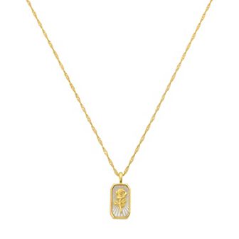 Brilliance 14k Gold Flash Plated Mother of Pearl Inlay Rose Tag Pendant Necklace