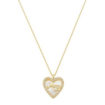 Brilliance 14k Gold Flash Plated "Mom" Mother of Pearl Inlay and Cubic Zirconia Heart Pendant Necklace