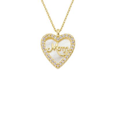Brilliance 14k Gold Flash Plated "Mom" Mother of Pearl Inlay and Cubic Zirconia Heart Pendant Necklace