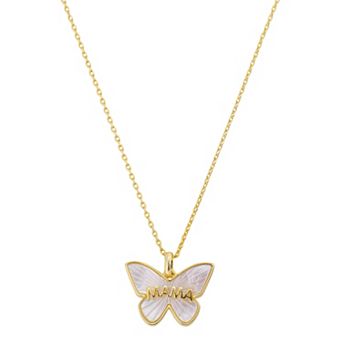 Brilliance 14k Gold Flash Plated "Mama" Mother of Pearl Butterfly Pendant Necklace