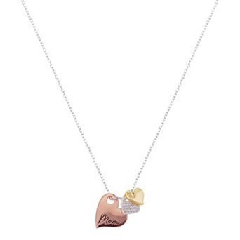 Brilliance Fine Silver Plated Cubic Zirconia Heart, Rose-Tone and Gold-Tone Heart Charm Pendant Necklace