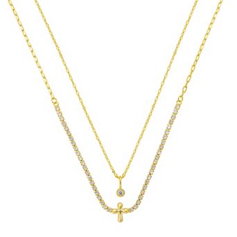 Brilliance 14k Gold Flash Plated Cubic Zirconia Round Bezel Drop Pendant and Cross Cubic Zirconia Tennis Necklace Set